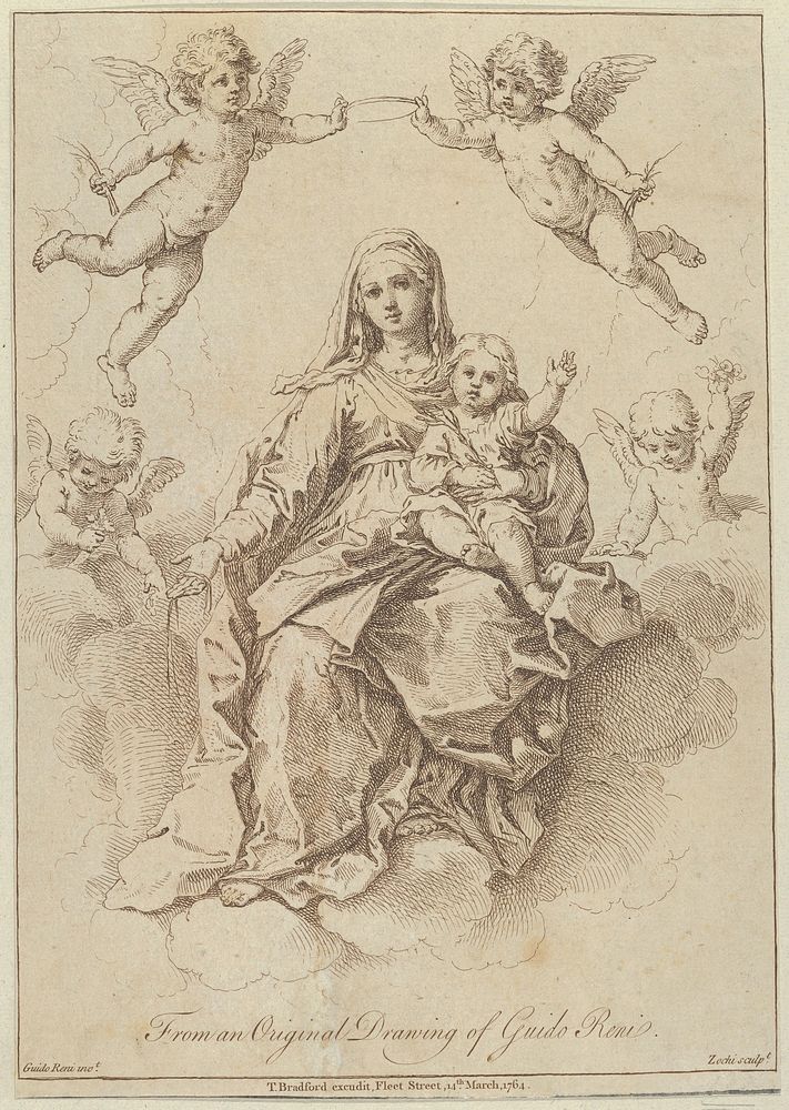 The Virgin seated in the clouds with the infant Christ, surrounded by putti, after a drawing by Reni