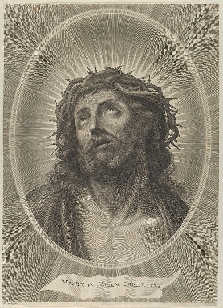 Head of Christ looking up with crown of thorns, in an oval frame engraved by Adrian van Melar, after Guido Reni