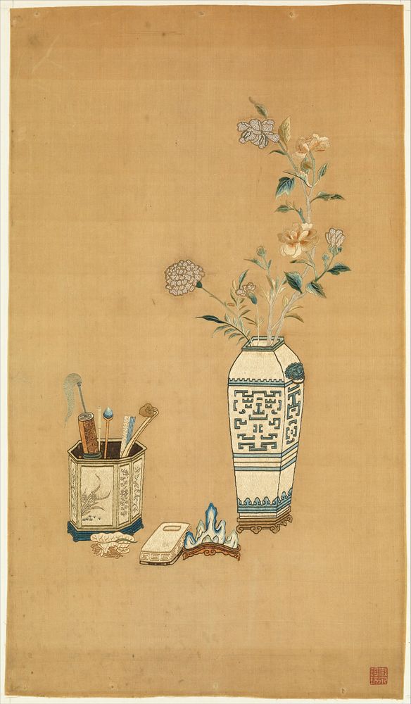 Panel with Flowers in Vase and Scholar's Objects, China