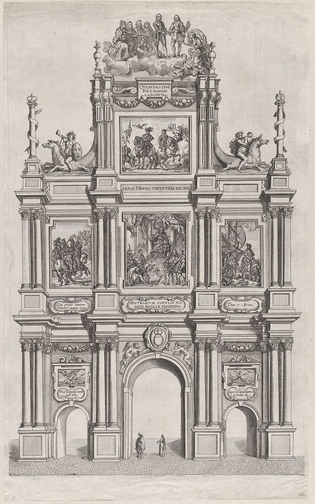 Plate 19: Triumphal arch, elevation of the front, surmounted by a cloud bearing Ferdinand and royal ancestors; from…