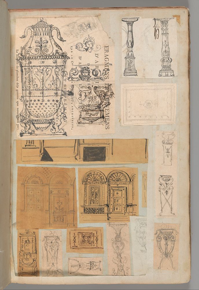 Page from a Scrapbook containing Drawings and Several Prints of Architecture, Interiors, Furniture and Other Objects…