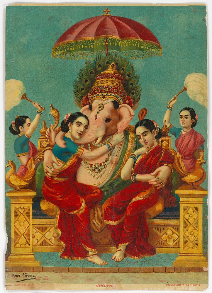 Ganapati with his consorts Riddhi and Siddhi, India