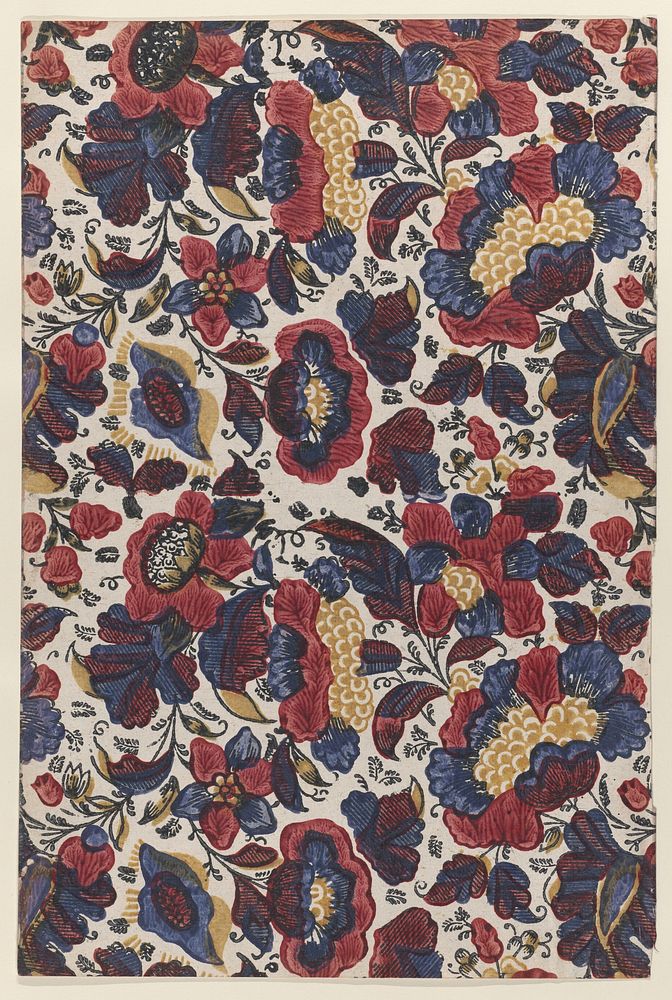 Paste end paper with overall pattern of red, blue, and yellow flowers