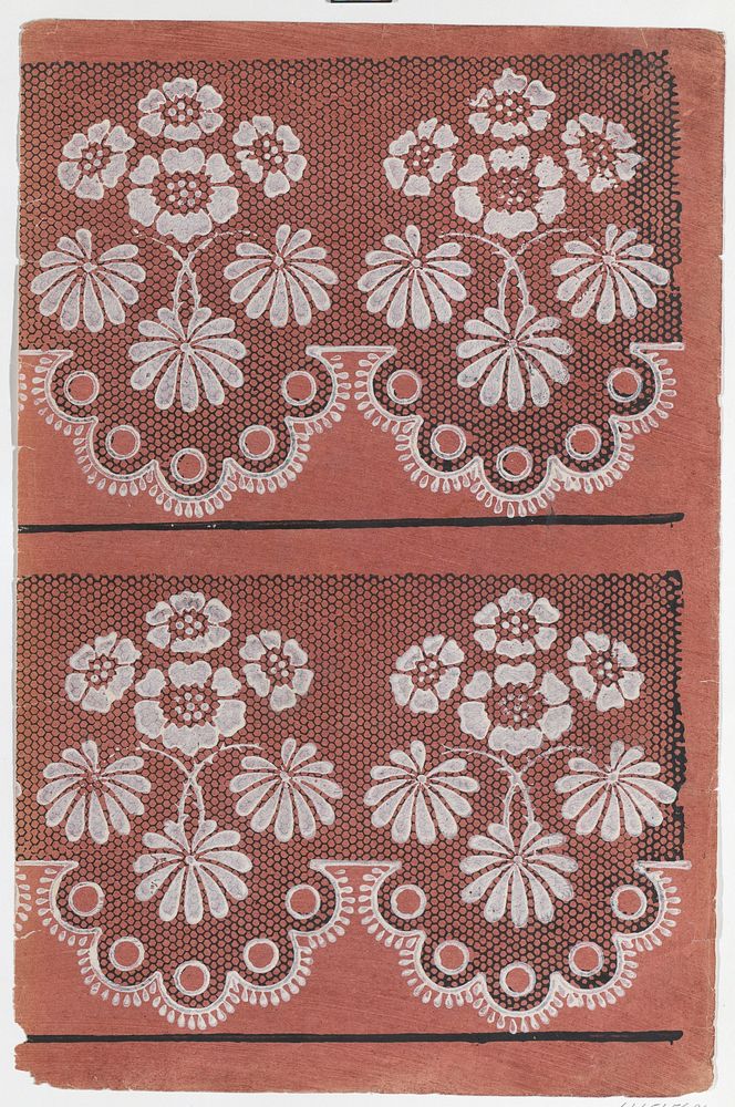 Red sheet with two borders with a white floral pattern atop a black lace pattern
