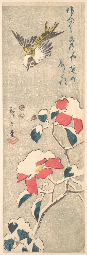 Utagawa Hiroshige (1830) Camellia and Sparrows in Snow. Original public domain image from the MET museum.