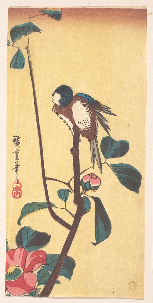 Utagawa Hiroshige (1833) Camellia and Blue-Headed Bird. Original public domain image from the MET museum.