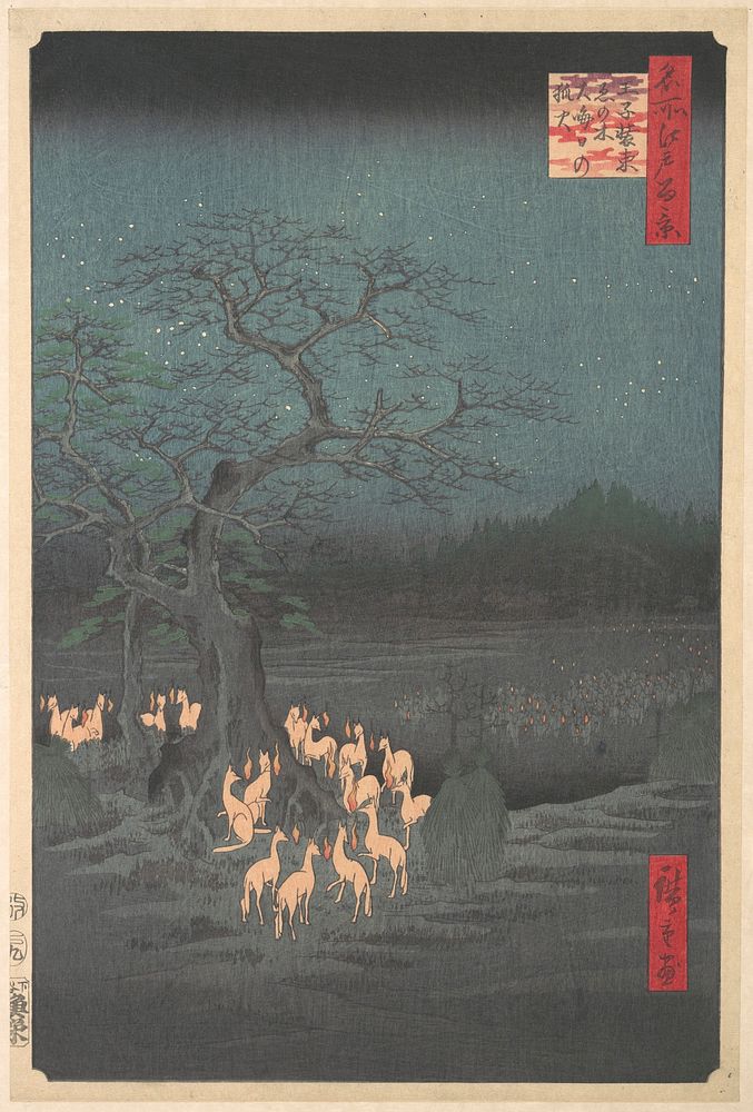 Utagawa Hiroshige (1857) Shozokuenoki Tree at Oji: Fox&ndash;fires on New Years Eve. Original public domain image from the…