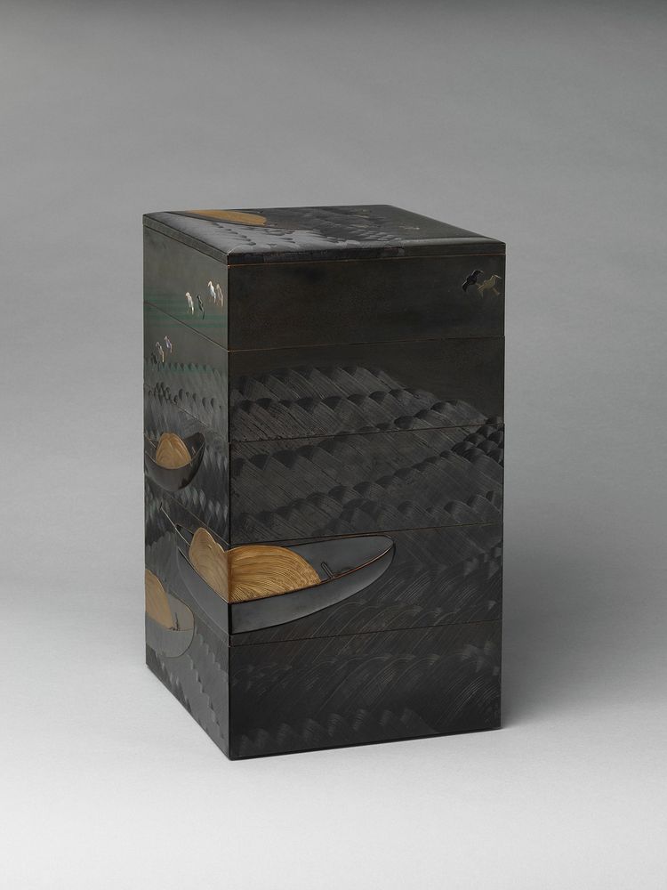 Tiered Box (Jūbako) with Design of Boats and Plovers. Original public domain image from the MET museum.