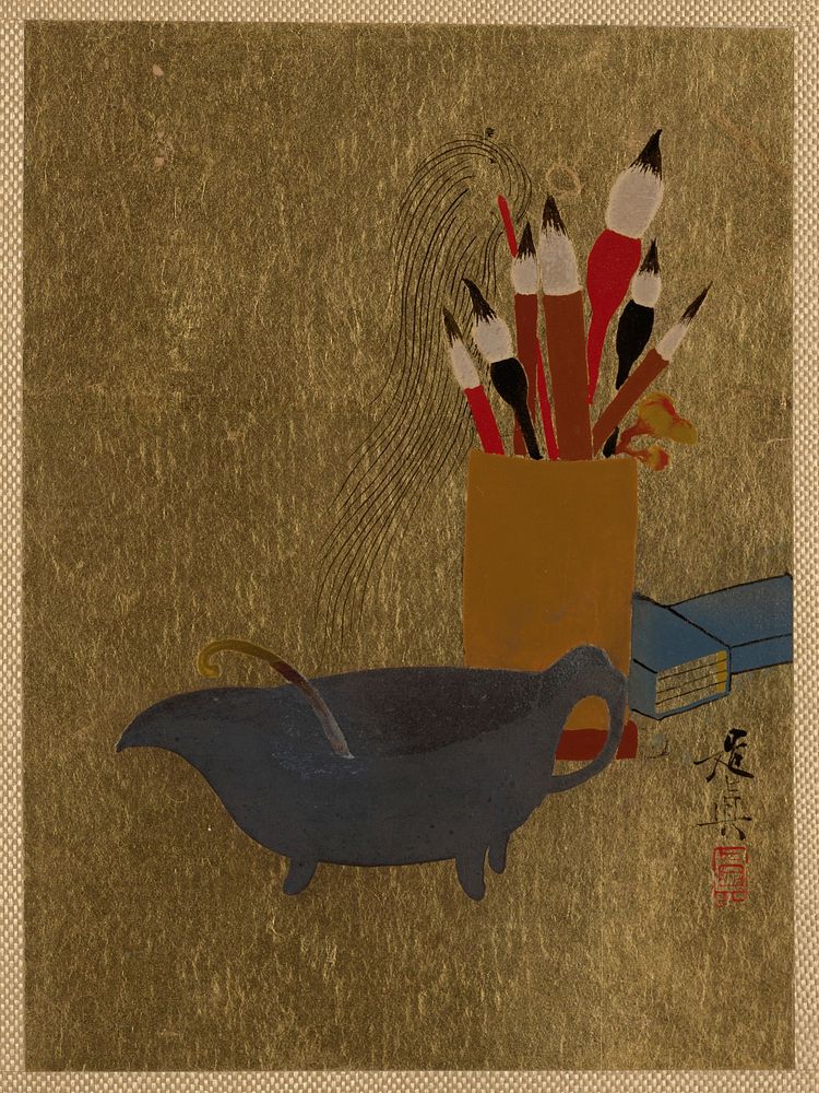 Kettle and box with paint brushes japanese art lacquer by Shibata Zeshin.