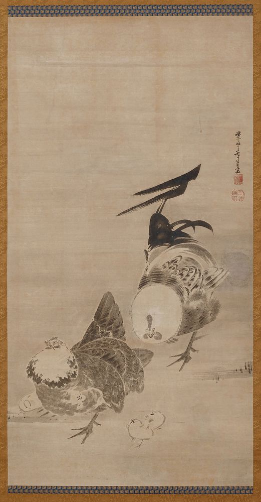 Roosters, Hen, and Chicks [right of a pair] (1795) painting in high resolution by Itō Jakuchū. Original from the Minneapolis…
