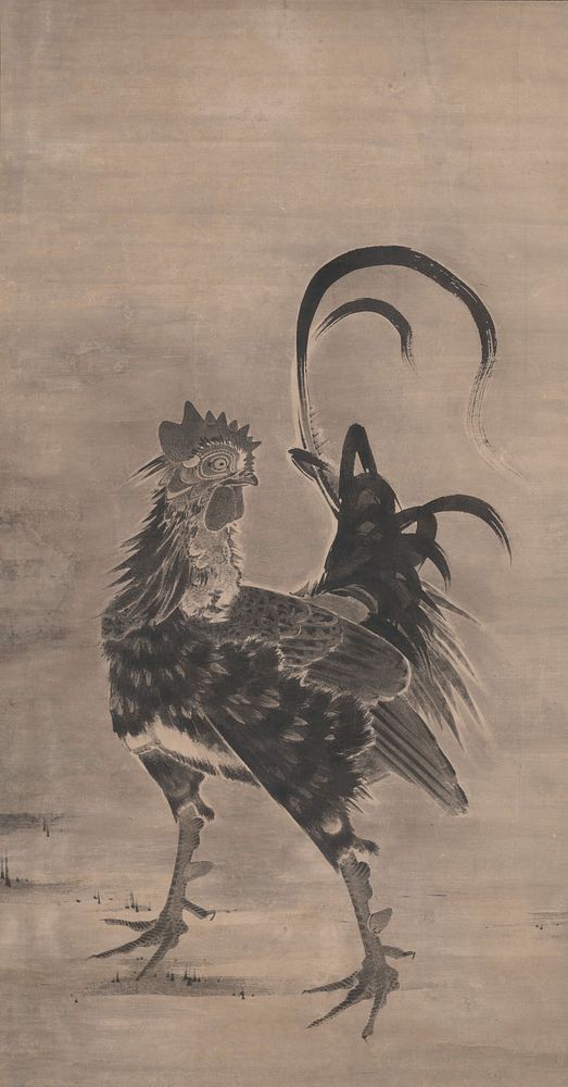 Roosters, Hen, and Chicks [left of a pair] (1795) painting in high resolution by Itō Jakuchū. Original from the Minneapolis…