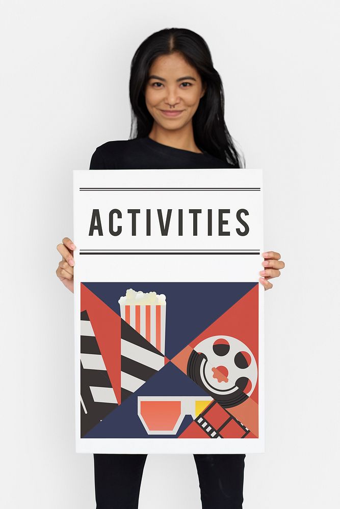 Woman holding banner of movies theatre media entertainment