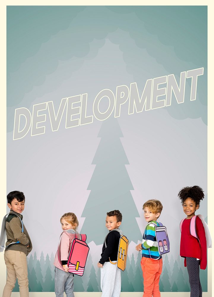 Group of school kids with aspiration word graphic