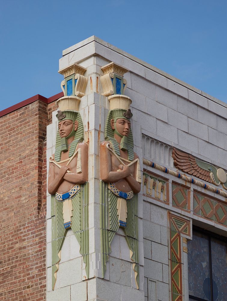                         Exterior detail of the historic Egyptian Theatre in DeKalb, Illinois. The building, designed by…