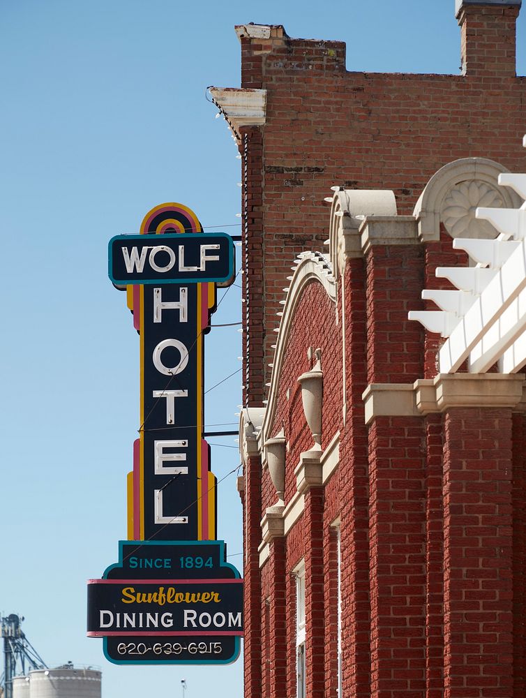                         Sign for the Wolf Hotel in Ellinwood, a small town near Great Bend, Kansas                        