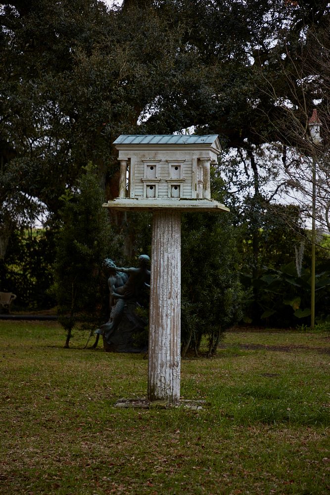                         A stately-looking birdhouse on the grounds of the Houmas House and Gardens, a sugar-cane plantation…