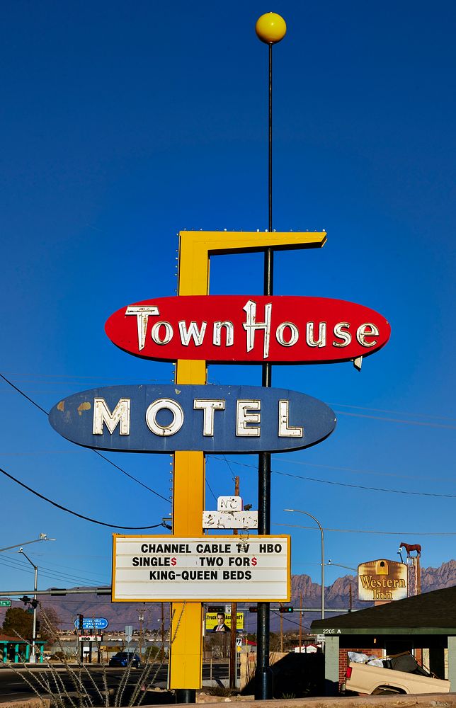                         Sign for the vintage Town House Motel in Las Cruces, the hub city of southern New Mexico, 27 miles…