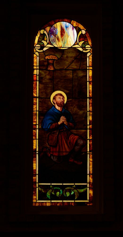                         A richly shimmering stained-glass window of the Basilica of San Albino on the plaza of Mesilla…
