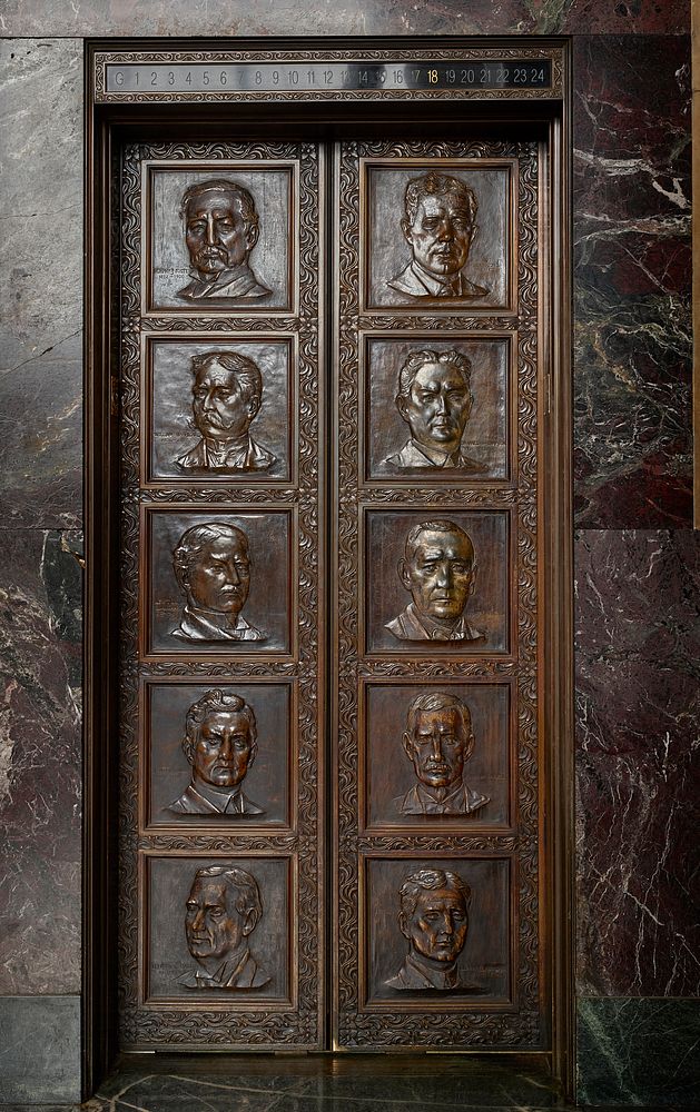                         One of massive bronze elevator doors opening in Memorial Hall at the Louisiana State Capitol in…