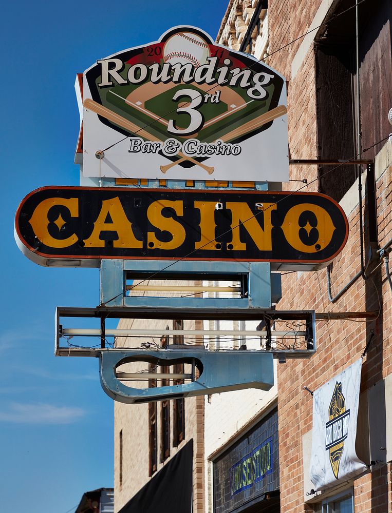                         Casino sign in downtown Yankton, a small city on the Missouri River and the Nebraska border in the…