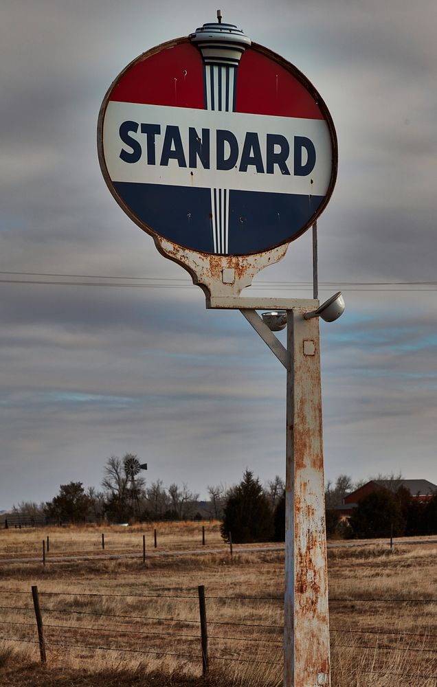                         An old Standard Oil gasoline station sign outside the little village of Keystone, Nebraska (2022…