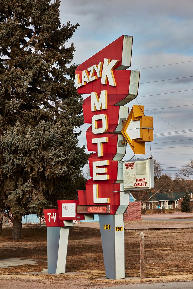                         Vintage sign for the Lazy K Motel in Ogallala, a small city in southwest Nebraska that was once on…
