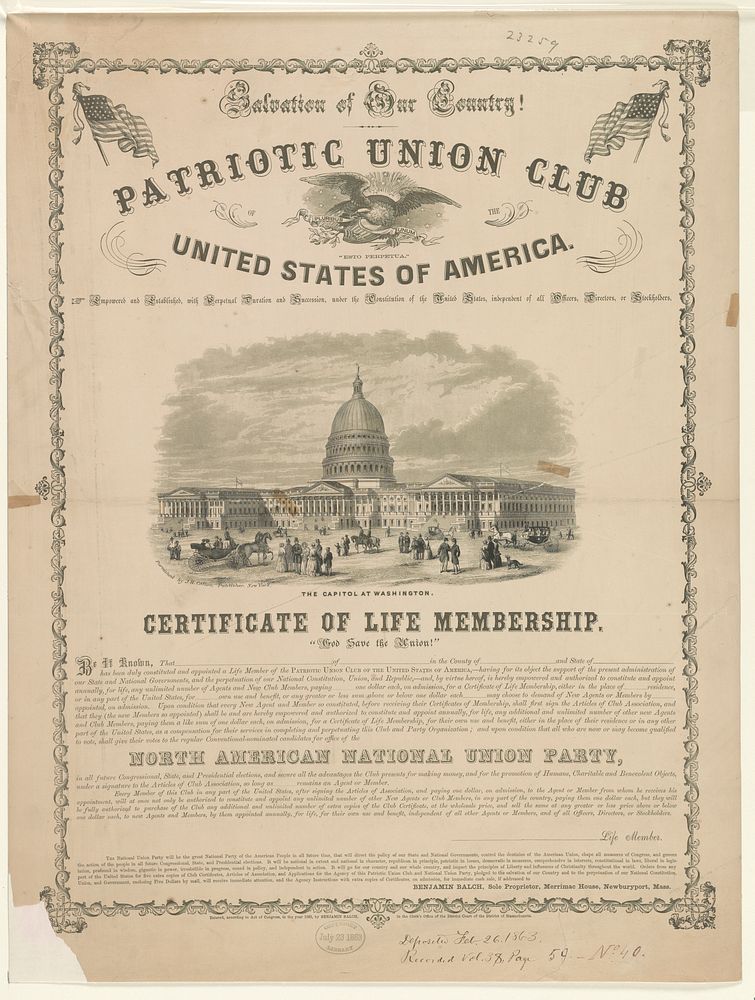 Salvation of our country! Patriotic Union Club of the United States of America. Certificate of membership