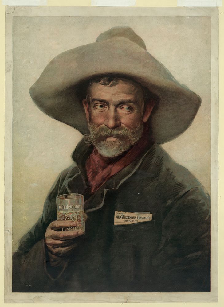 Tradecard for Wiedemann Beer: old cowboy holding glass of Wiedemann's