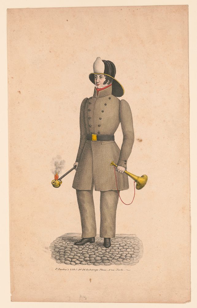 [Fireman, full-length portrait, facing left, wearing uniform]