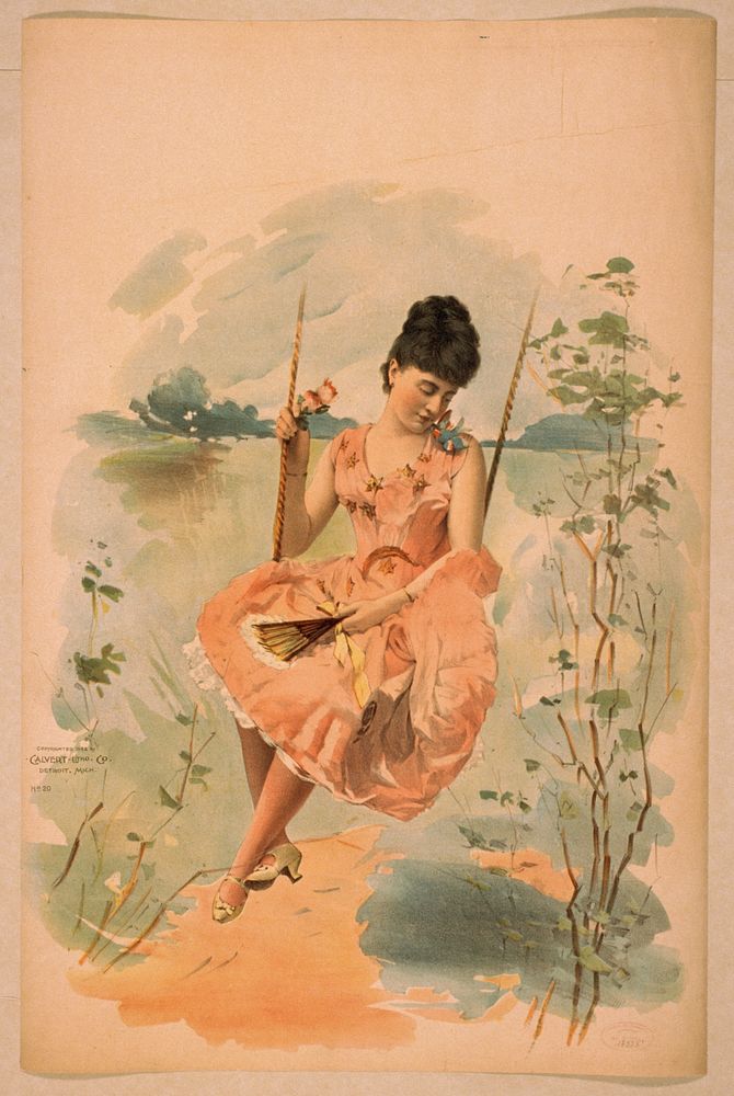 [Woman wearing pink dress, holding fan, and sitting on swing], Calvert Litho. Co.