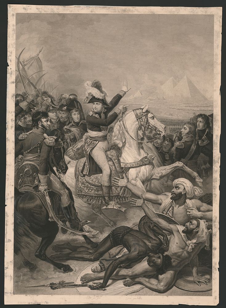 [Napoleon at the battle of the pyramids, July 21, 1798] / peint par Gros ; gravé par Vallot.