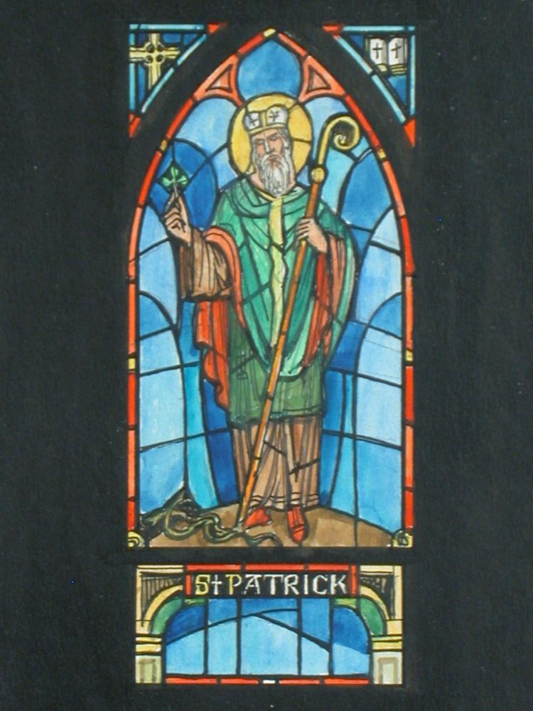 [Design drawing for stained glass window showing St Patrick with shamrock, crook, snakes, arch, cross, and Bible]
