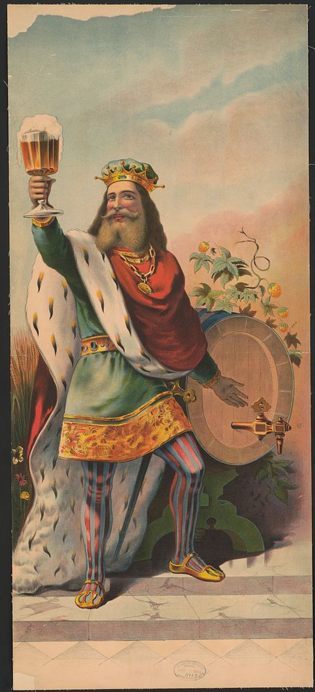 [Gambrinus, in royal regalia, holding a glass of beer, standing next to a keg]