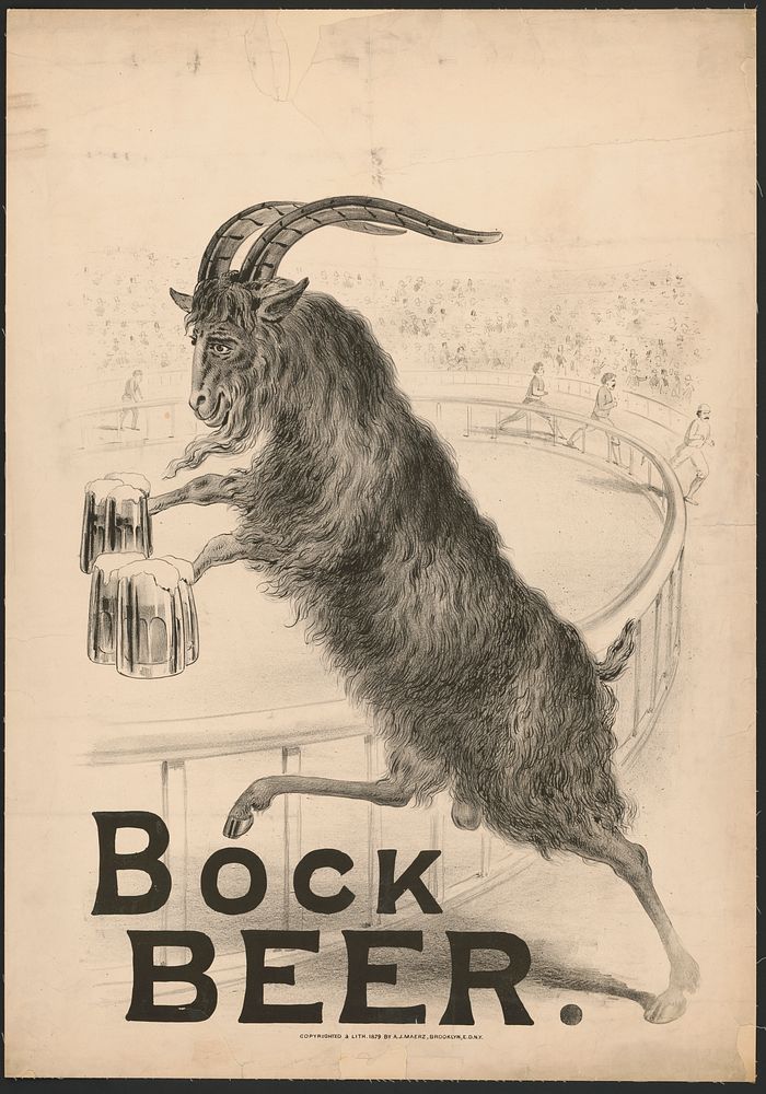 Bock Beer [Goat on hind legs, holding 3 beer mugs in each of his 'hands']