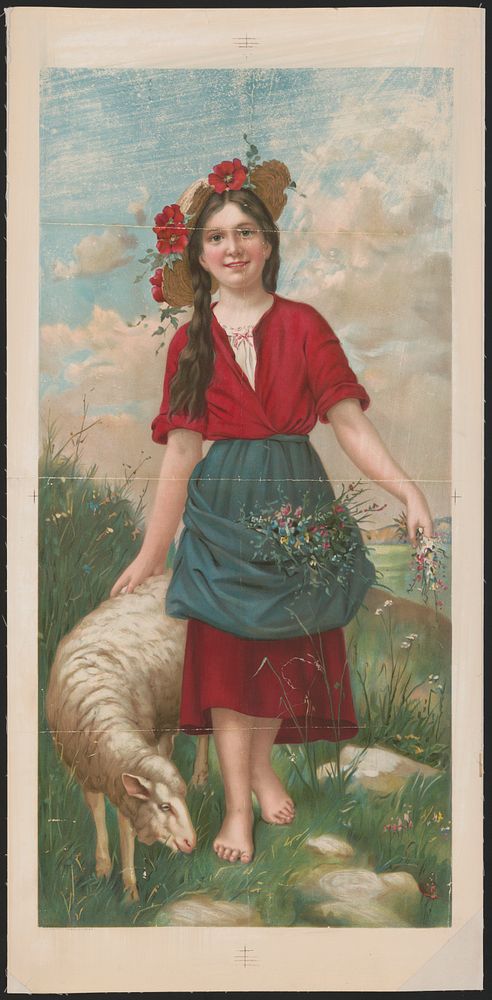 [Young girl, wearing a red dress and blue apron full of wildflower, is in a field with a lamp by her right side], Gray Lith.…
