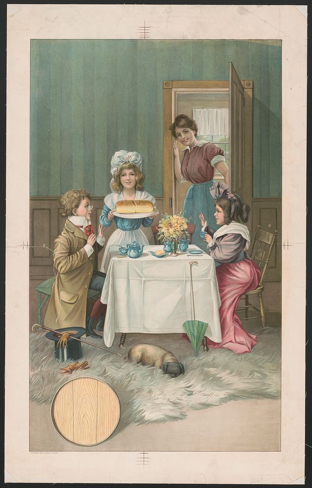 [Interior scene with children having tea and being served bread, a woman is standing in the doorway to the room where the…