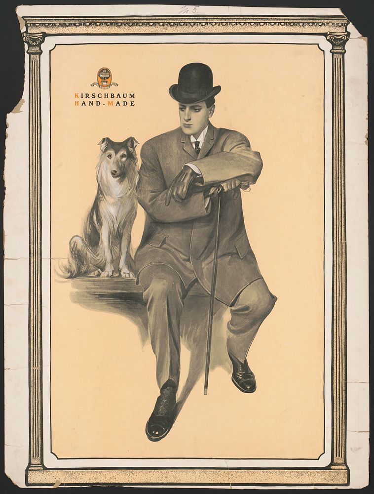 Kirschbaum hand-made, [well-dressed man wearing a suit and bowler hat, sitting on a bench with a dog next to him], 1902.