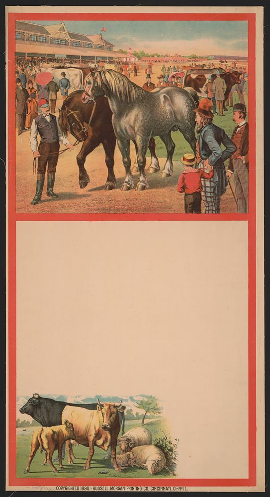 [Two panels: horses and and trainer, and cattle and sheep in a field]