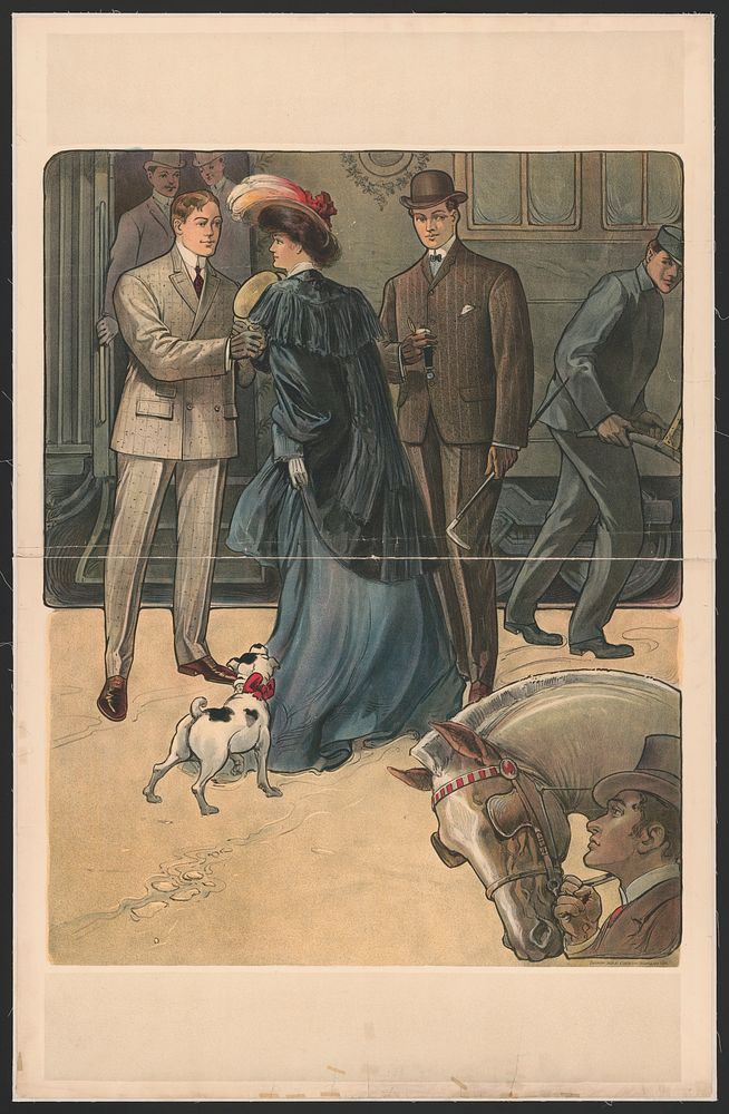[Woman with dog and two men watched by man with horse in foreround]