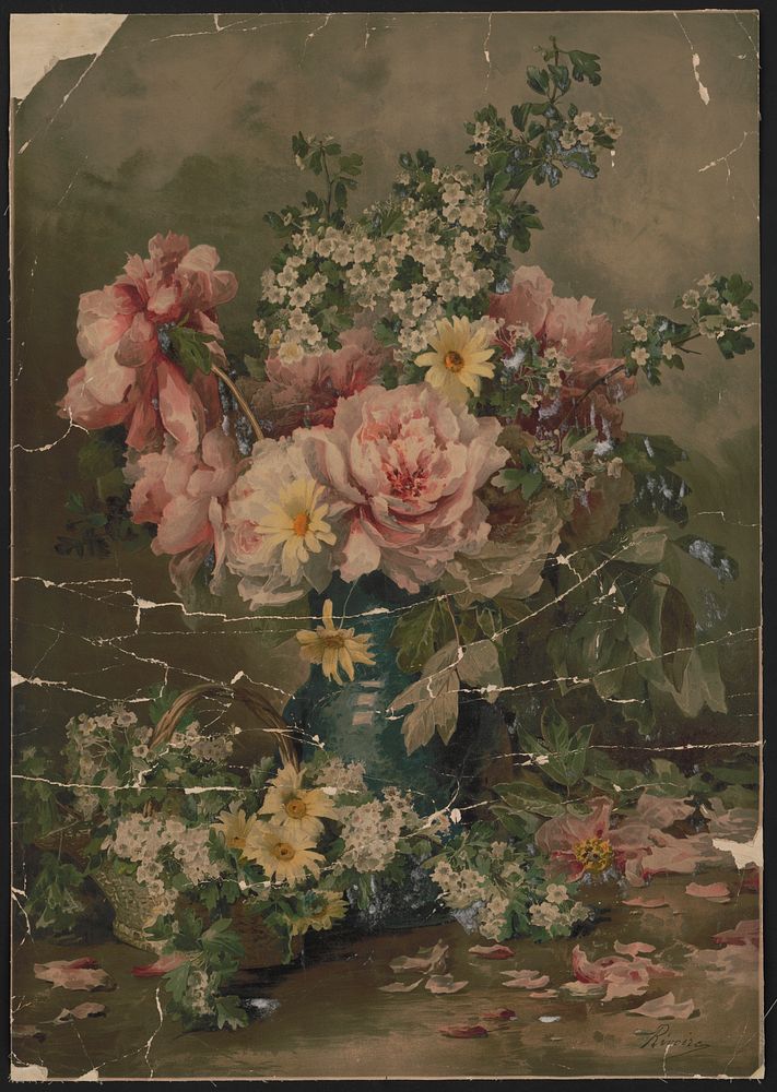 [Bouquet of flowers in blue vase with basket of flowers in front]