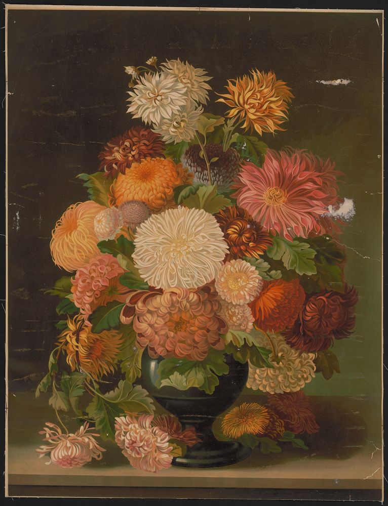 [Red, orange, white, and pink flowers in a black vase]