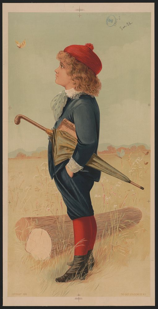 [Boy in a field with umbrella and book watching a butterfly]