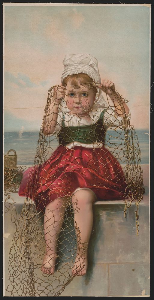 [Girl in red and green dress holding fishing net]