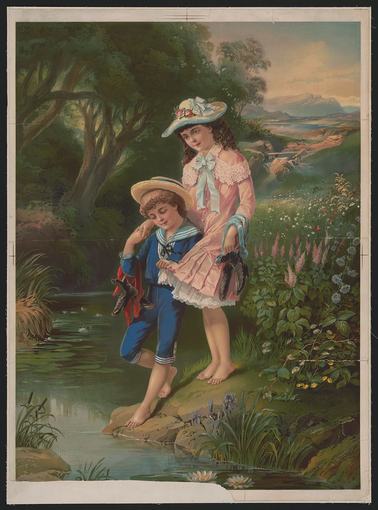 [Barefoot girl and boy by the water]