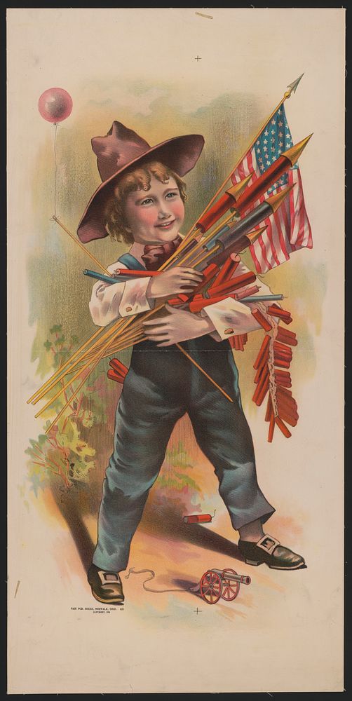 [Boy with fireworks, balloon, and toy cannon]