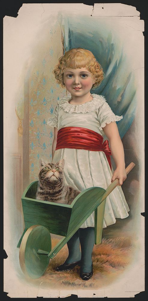 [Girl pushing cat in green wheelbarrow]