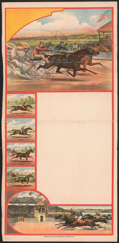 [Vignettes of harness racing, jockeys and portraits of the horses George Kinney, Tremont, Maude S., and Jay Eye See]