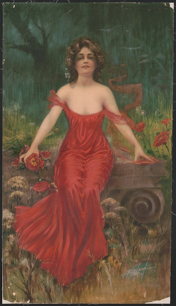 [Woman in red dress seated in garden]