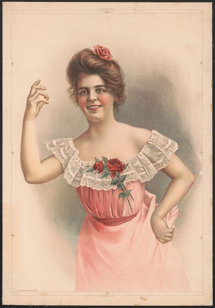 [Woman with pink rose in hair wearing pink dress with red roses on the front], Gray Lith. Co., lithographer