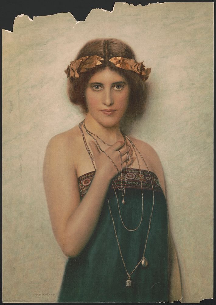 [Woman with green dress and silver necklaces with pendants]